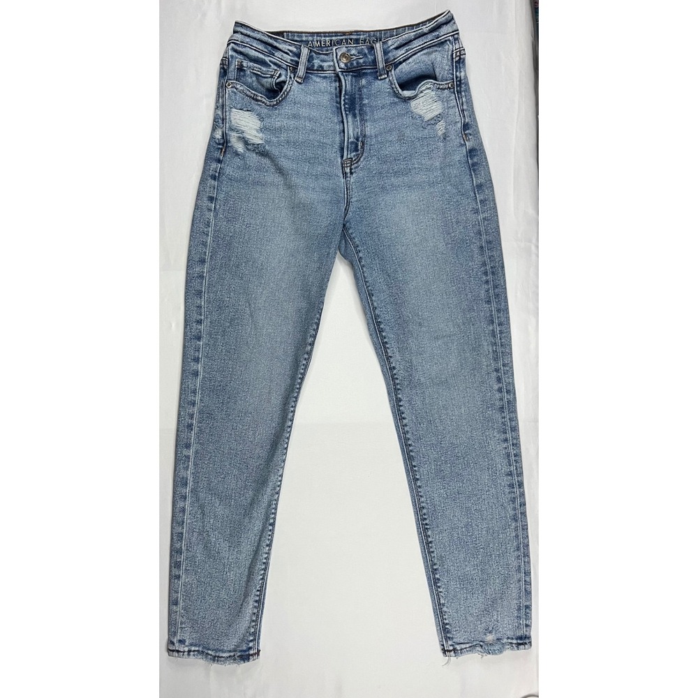 American Eagle Mom Jeans Womens 2 Regular Light Wash Distressed Stretch Denim